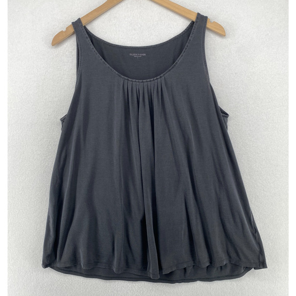 EILEEN FISHER Tank Top L Silk Cotton Jersey Shirred Scoop Neck Shell Gray - Picture 1 of 11